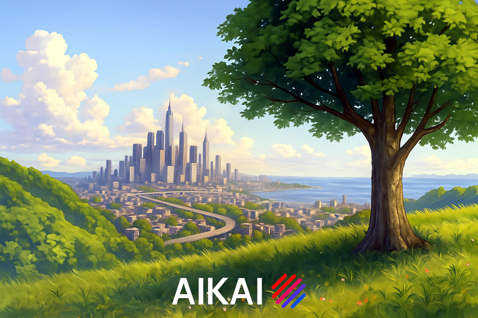 A digital illustration depicts a futuristic city with tall skyscrapers under a bright blue sky, seen from a distance. In the foreground, a lush green tree with a thick trunk stands on the right, casting a shadow. A curved road winds through the city. The foreground and background contrast vividly. A logo at the bottom reads 'AIKAI'.