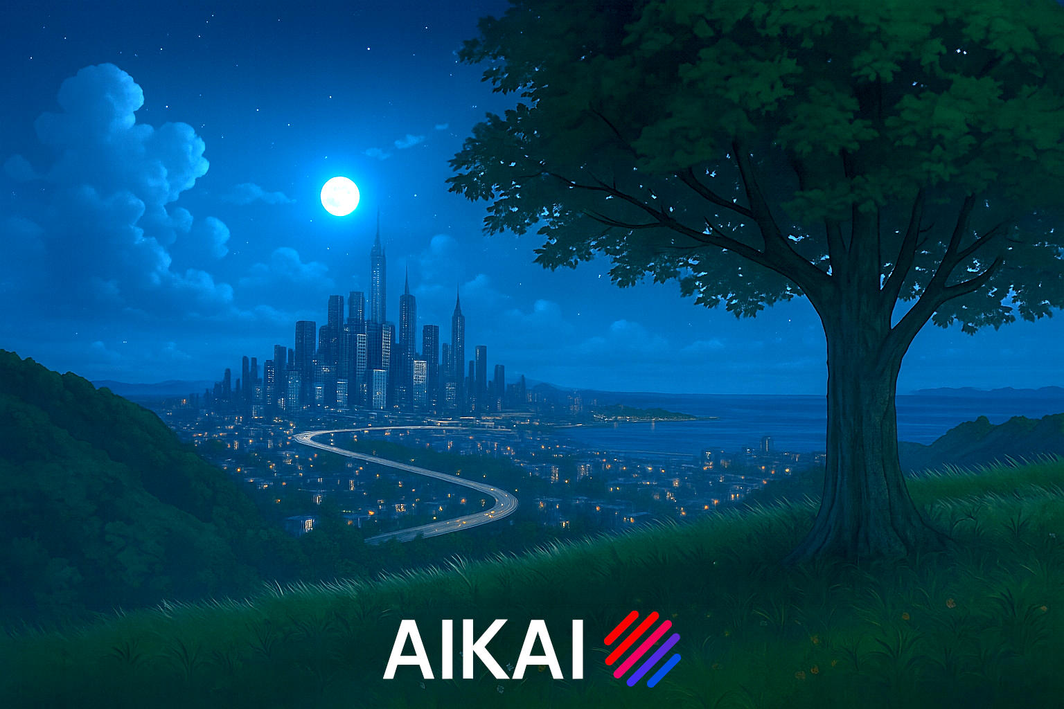 A serene digital illustration of a cityscape at night, featuring a bright full moon, tall skyscrapers, and a winding road. A large tree with lush foliage stands in the foreground, casting a gentle shadow. The background showcases a dense city with twinkling lights, bordered by a serene body of water. The scene is peaceful and picturesque. The image includes the text 'AIKAI' at the bottom, suggesting a brand or title.