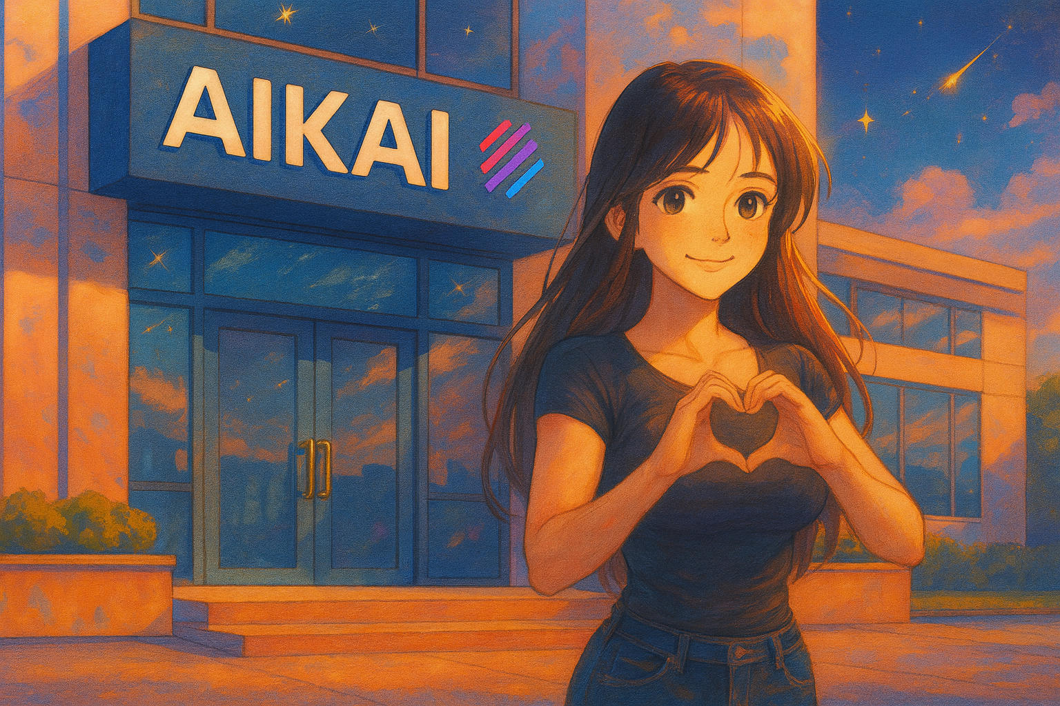 Anime-style digital drawing of a cute girl with long brown hair, wearing a black t-shirt and jeans, standing in front of the AIKAI office. She is smiling and making a heart shape with her hands. The background features a building with a AIKAI sign, and a bright, colorful sky with a shooting star. The image is vibrant and detailed.