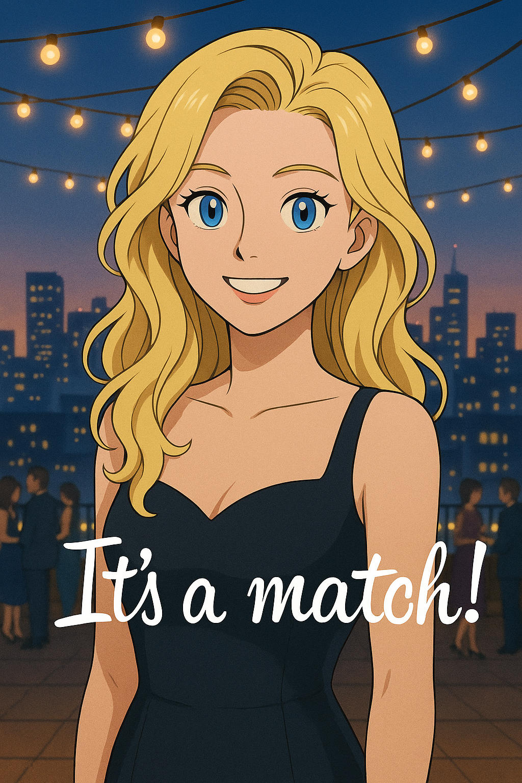 Anime-style digital drawing of a smiling blonde woman with blue eyes, wearing a black dress, standing against a city skyline with string lights. 'It's a match!' text in the foreground.