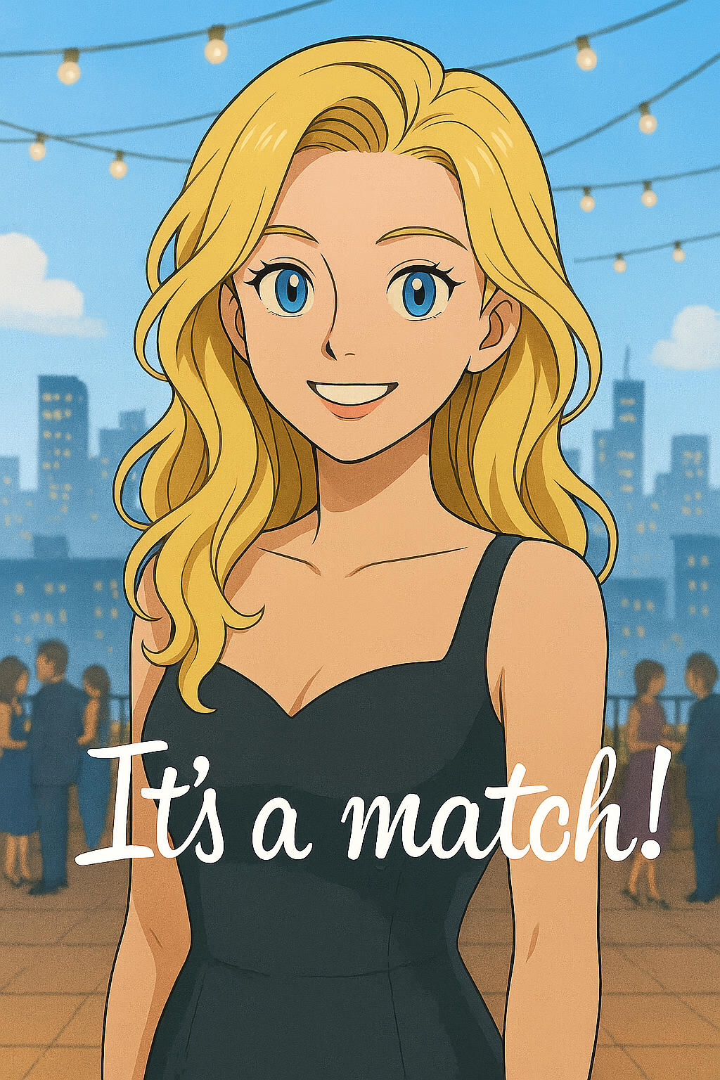 A digital drawing features a confident, blonde woman with blue eyes, wearing a black dress. She's in the foreground, smiling, with the text 'It's a match!' In front of her. The background shows a cityscape at night with string lights and people in the distance. The style is anime-inspired.